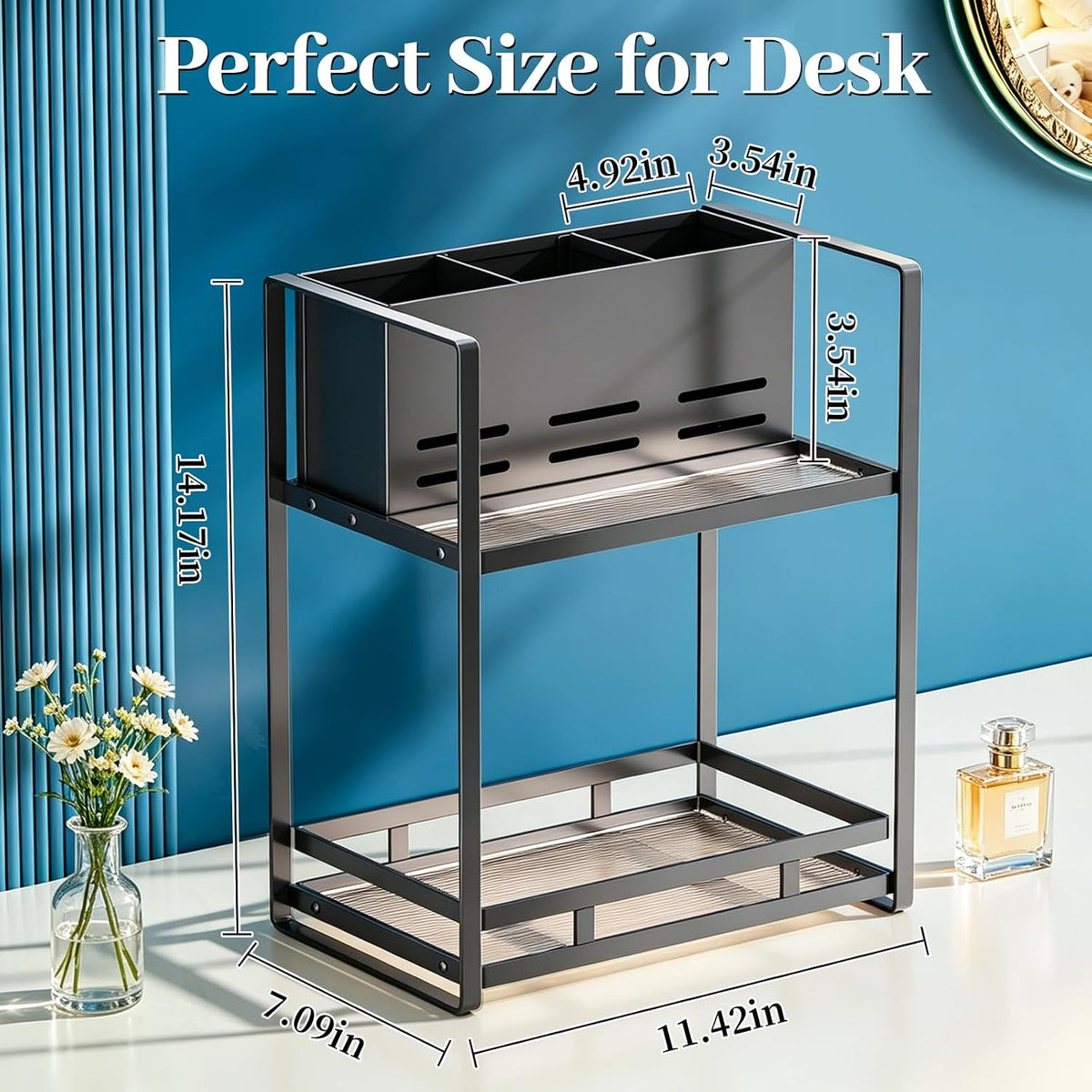 Bathroom Counter Organizer, Metal Vanity Shelf with Hair Dryer Holder | 2-Tier Hair Tool Organizer, Large Capacity