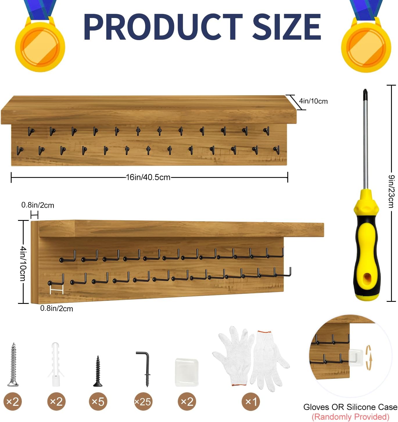 Medal Holder Display Trophy Shelf Organizer, Sturdy Wooden Race Award Hanger Rack with 25 Steel Hooks, Wall Mount
