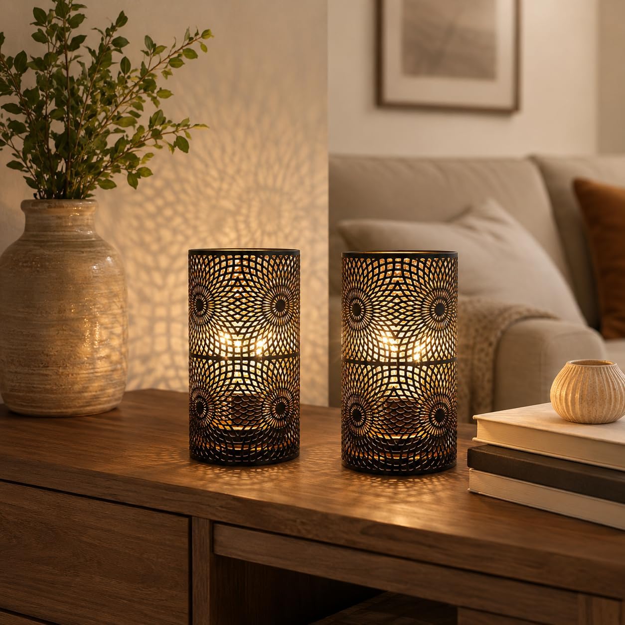 JHY DESIGN Set of 2 Black Table Metal lamp Battery Powered Cordless Accent Light with Edison Style Bulb Battery