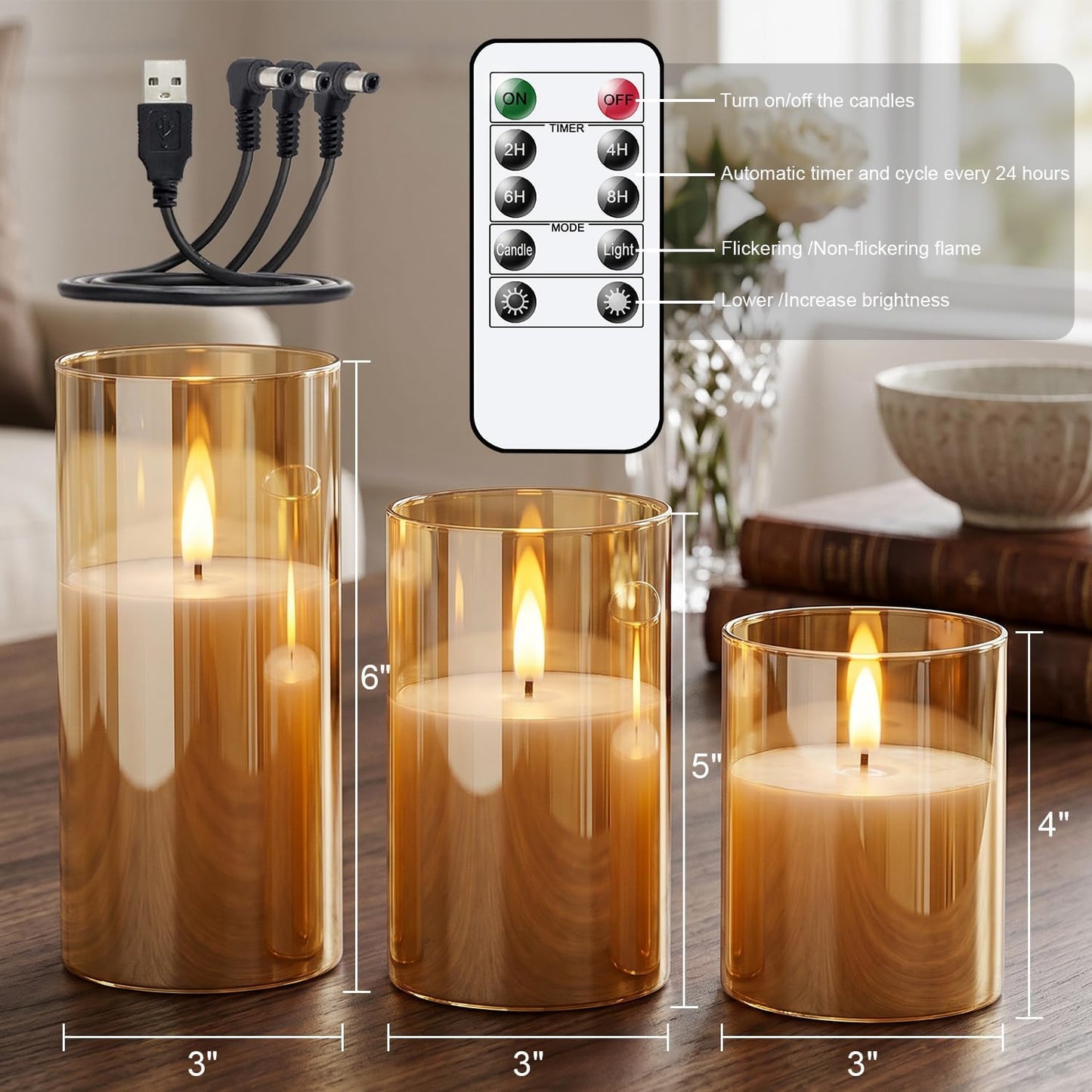 GenSwin Glass Rechargeable Flameless Candles Remote Battery Operated, Gold | LED Pillar Candles, Long Lasting Real Wax
