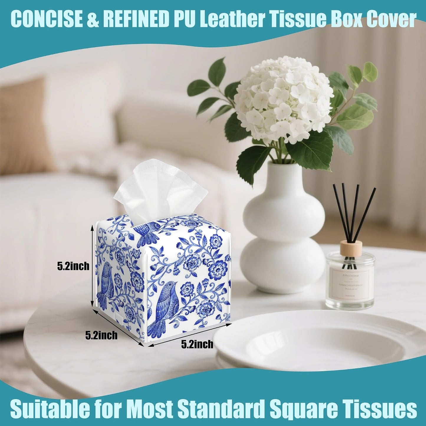 Leather Tissue Holder / Watercolor Floral / Blue