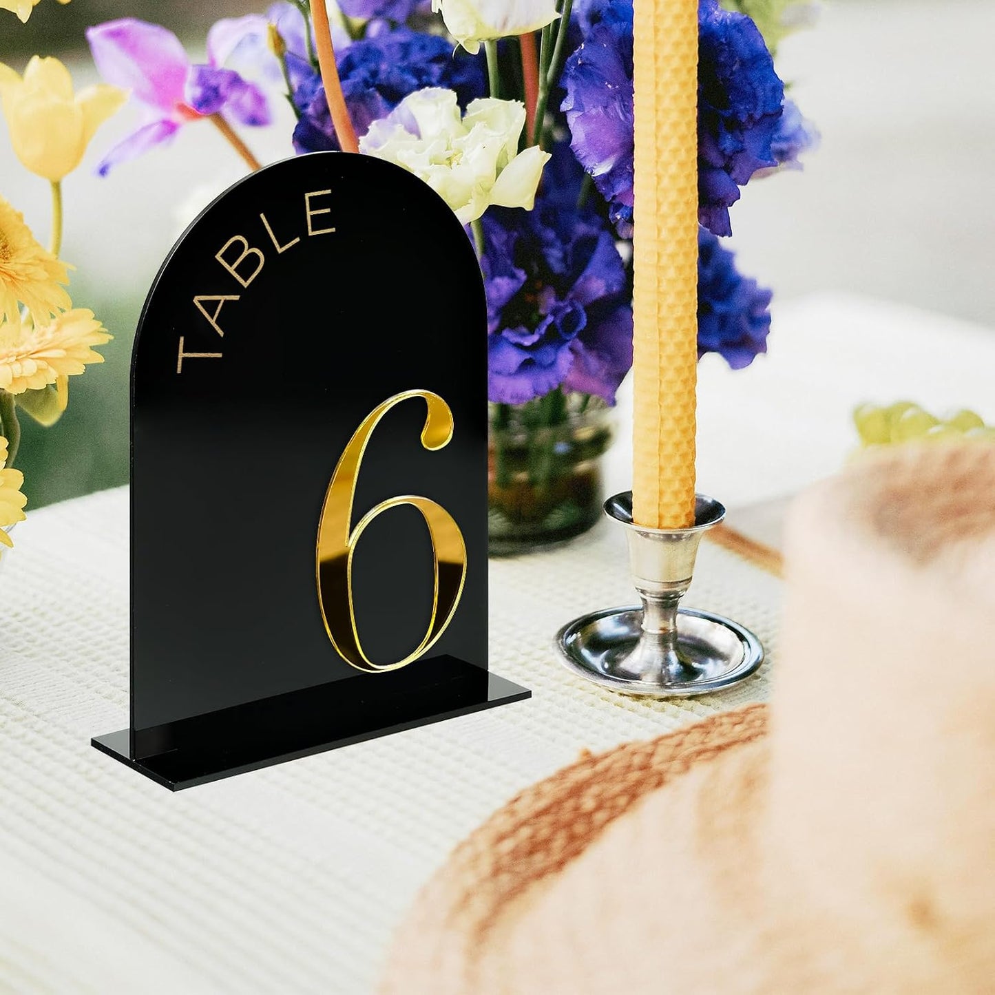 Black Arch Wedding Table Numbers 1-20, Gold Numbers and Stands | 10 Pack 5x7 Inch Black Arch Acrylic Sign with Raised