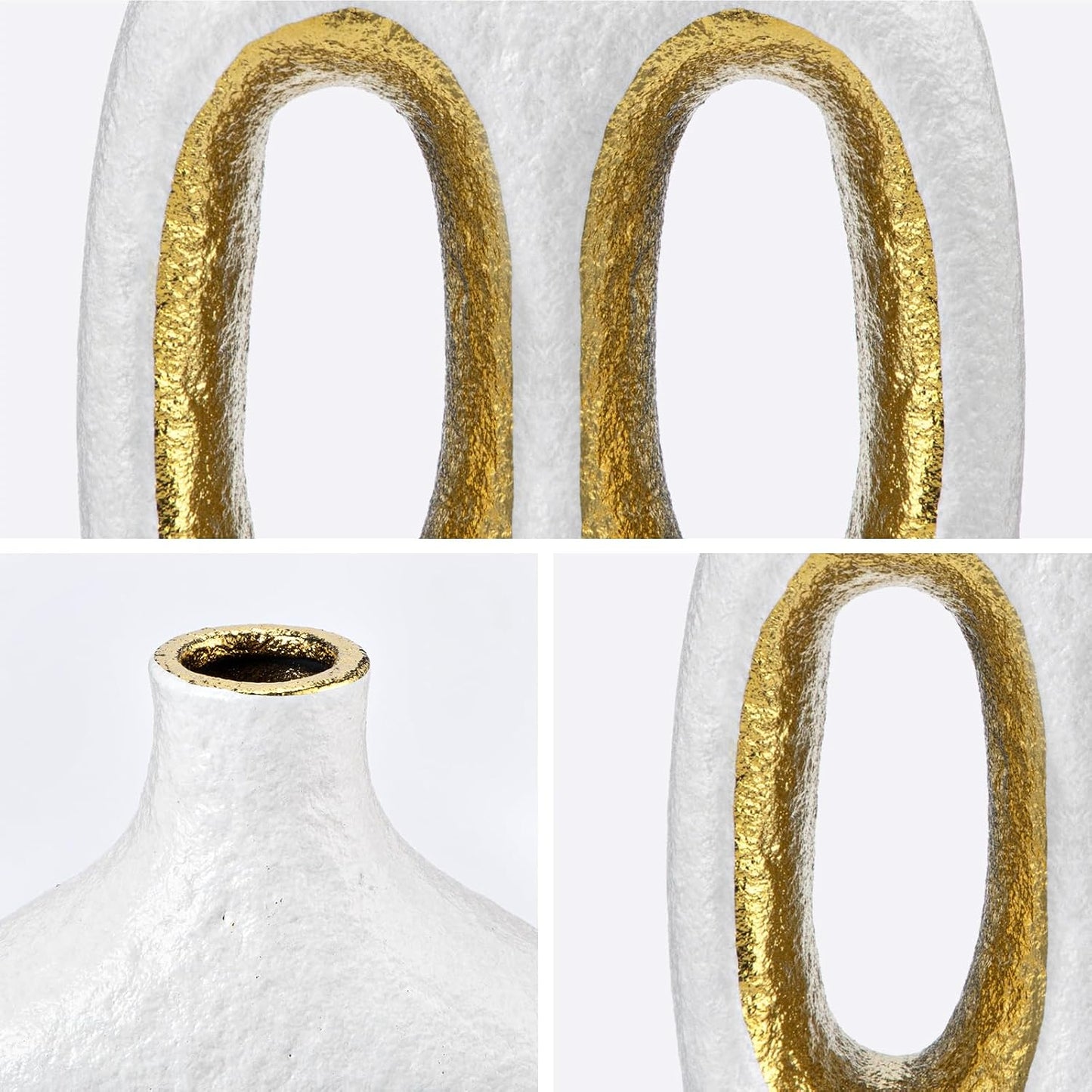 Modern Ceramic Vase Black Vases for Centerpieces Shelf / Double Hole / White + Gold / 9.4 Inch