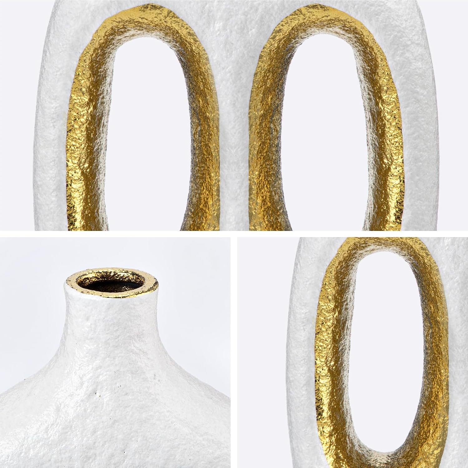 Modern Ceramic Vase Black Vases for Centerpieces Shelf / Double Hole / White + Gold / 9.4 Inch