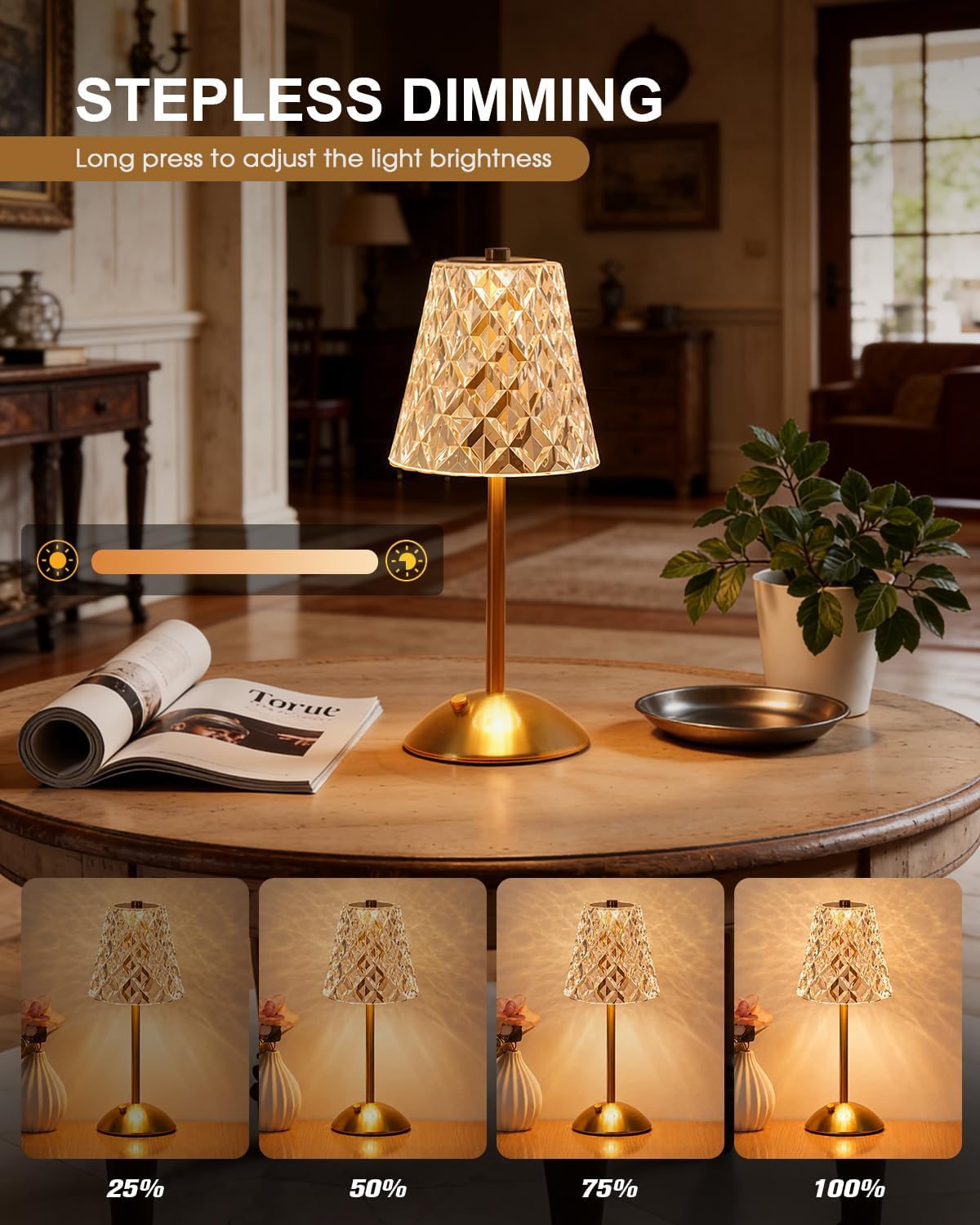 Nusogon Rechargeable Cordless Table Lamp, Gold Small Battery Powered Lamp | 3 Color Dimmable Small Bedside Lamp, LED