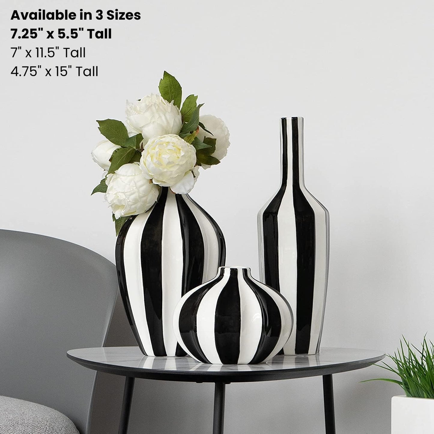 Ceramic and White Striped Vase / 5.5 Inch / Black