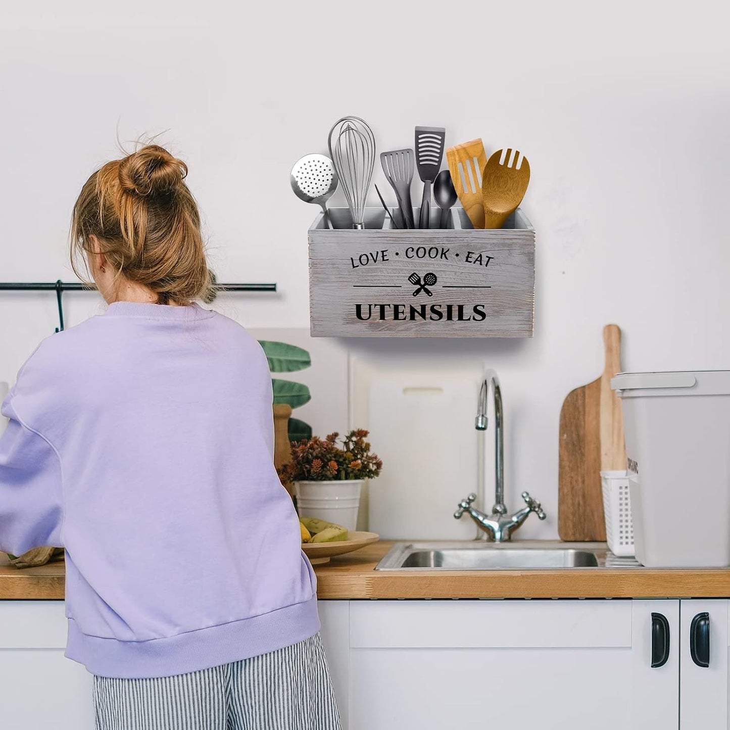 MINCORD Wood Utensil Holder for Kitchen Counter | Grey Rustic Utensil Caddy with 3 Compartments | Farmhouse Flatware