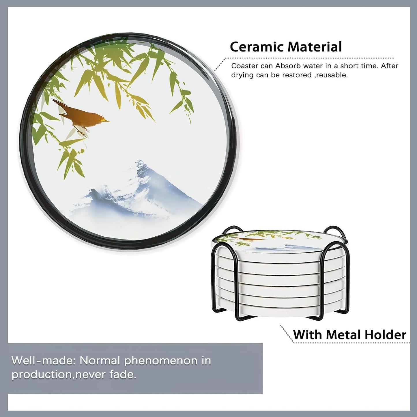 Holder / Absorbent Ceramic Coasters / Japanese Cherry Blossom and Fujiyama Mountain / Set of 6