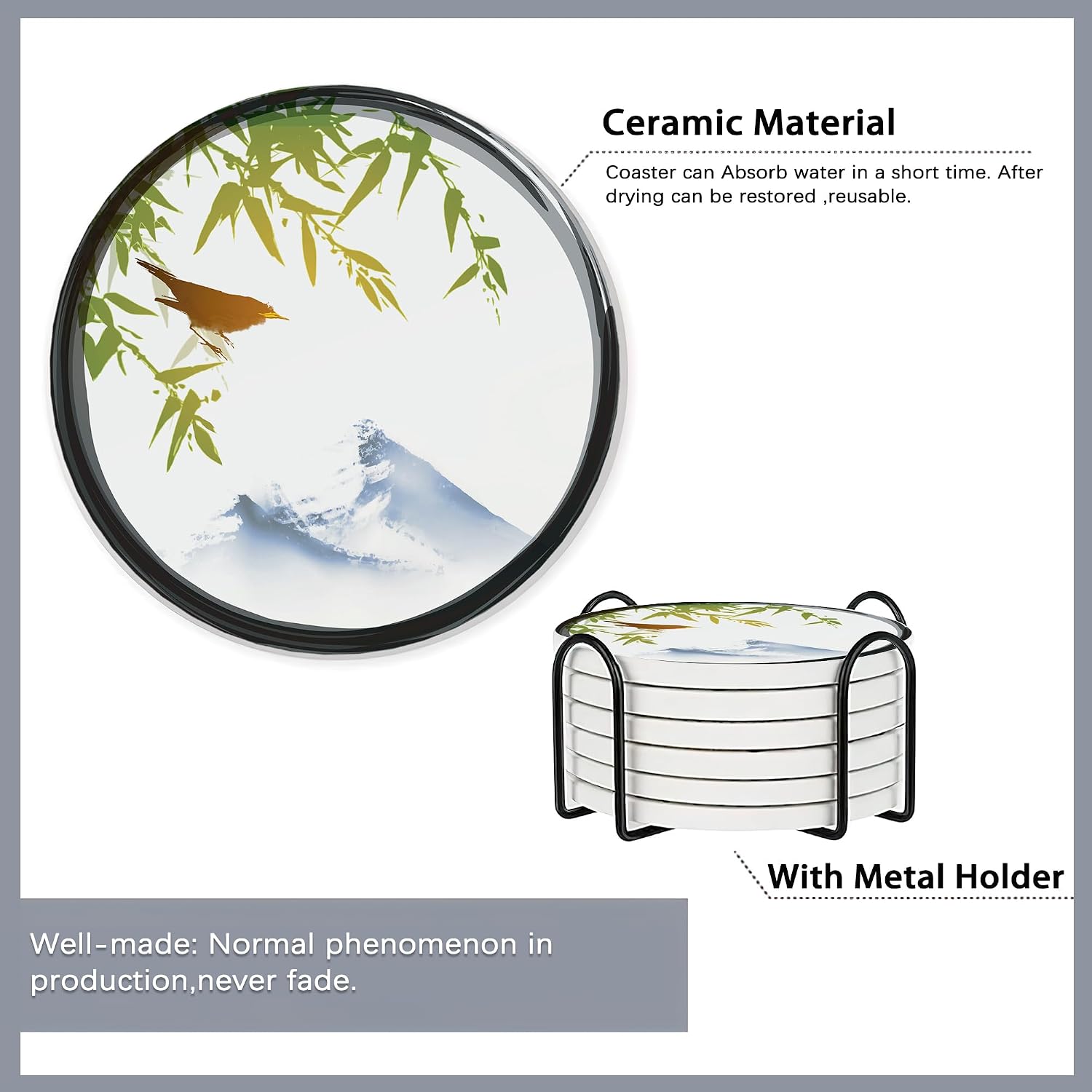 Holder / Absorbent Ceramic Coasters / Japanese Cherry Blossom and Fujiyama Mountain / Set of 6