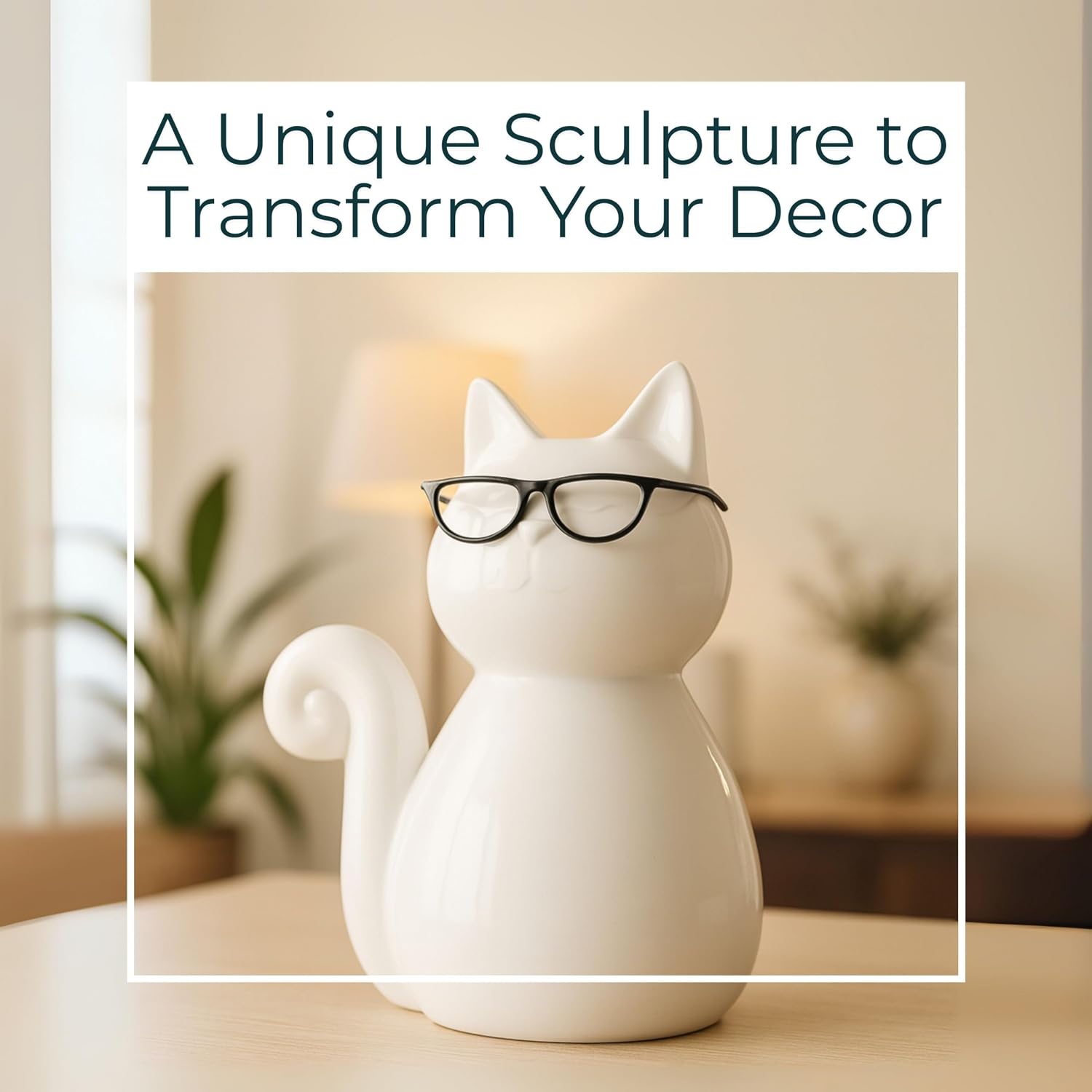 Ceramic Cat Figurine Sculpture / 8.0" H / White