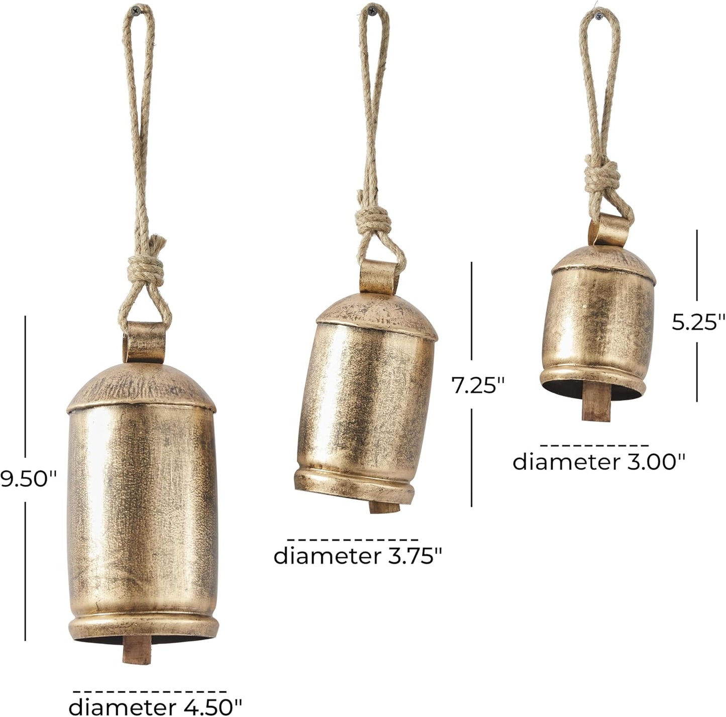 Deco 79 Metal Decorative Cow Bells, Set of 3 Cowbell 10", 7", 5"H, Gold | Indoor Tibetan Inspired Meditation Bell With