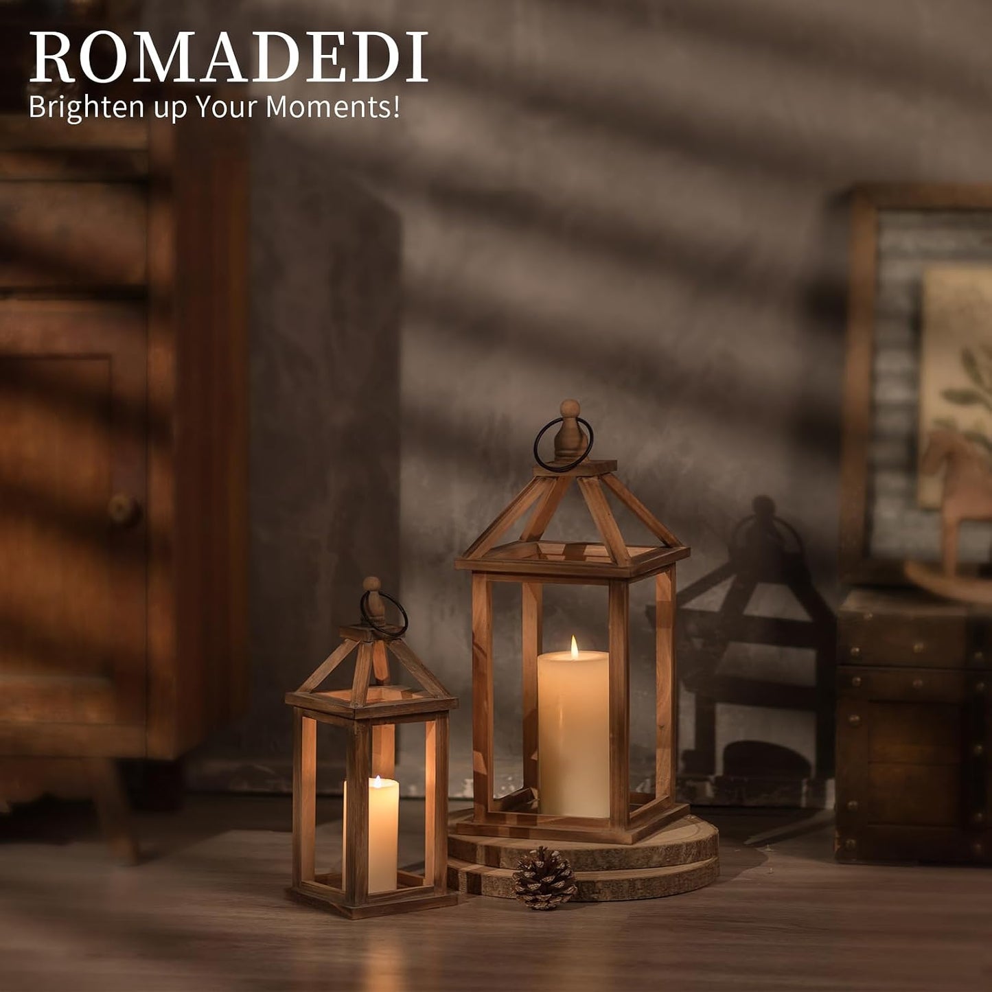 Romadedi Wood Candle Lantern Decorative, Brown, Rustic Decor Set of 2 | Farmhouse Wooden Lanterns, Decorative Candle