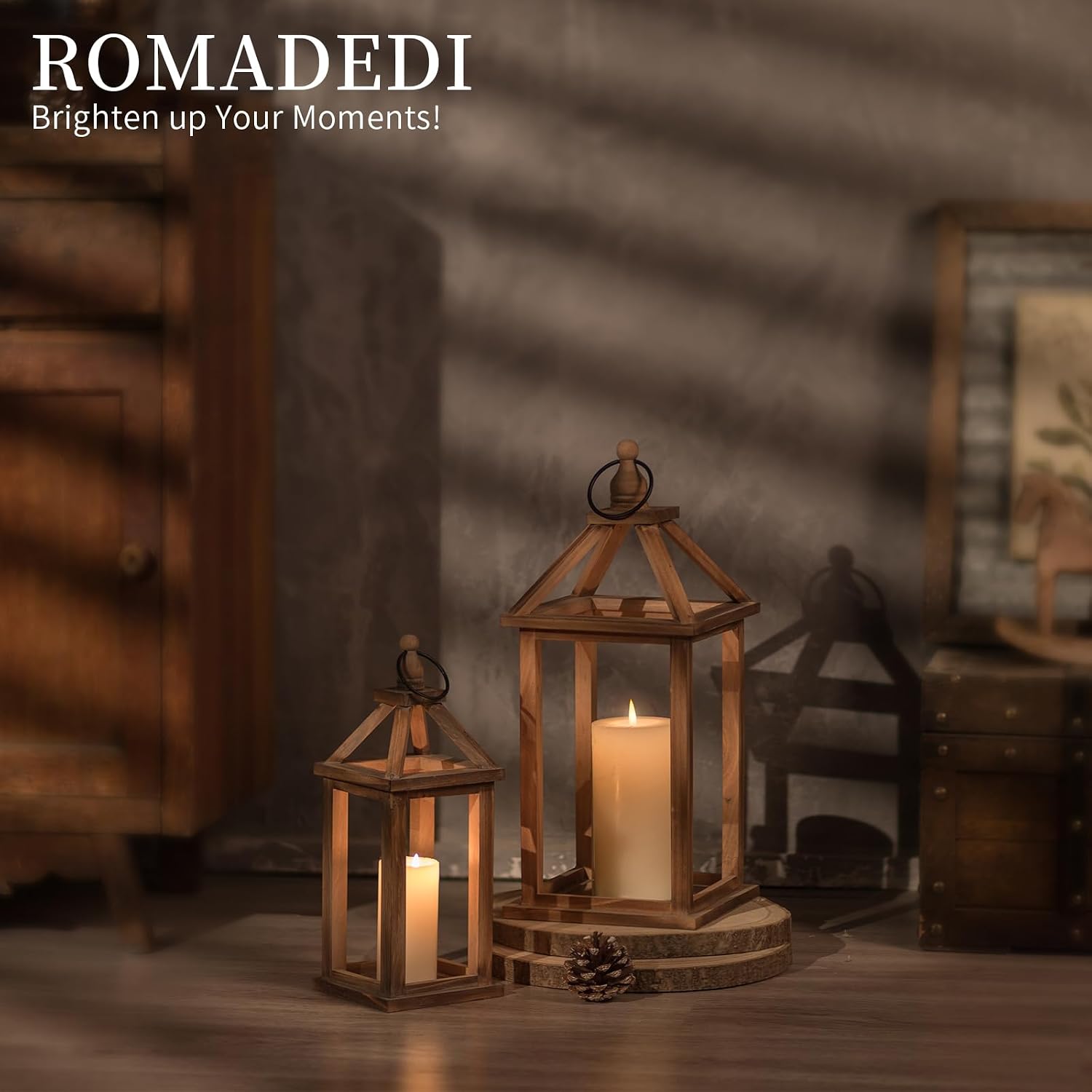 Romadedi Wood Candle Lantern Decorative, Brown, Rustic Decor Set of 2 | Farmhouse Wooden Lanterns, Decorative Candle