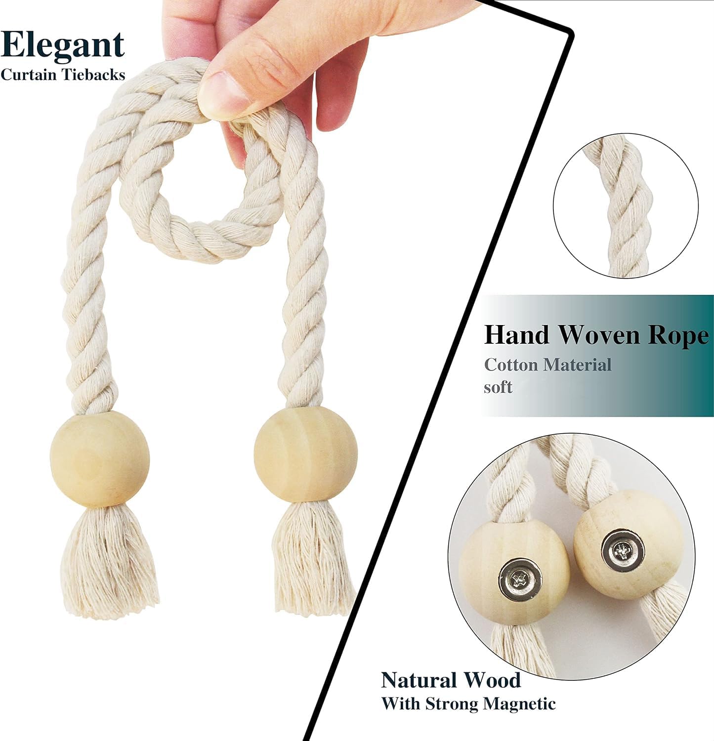 6 Pack Magnetic Curtain Tiebacks Cotton Hand Woven Tie Back Decorative Rope Holdbacks for Curtains Draperies No Tools