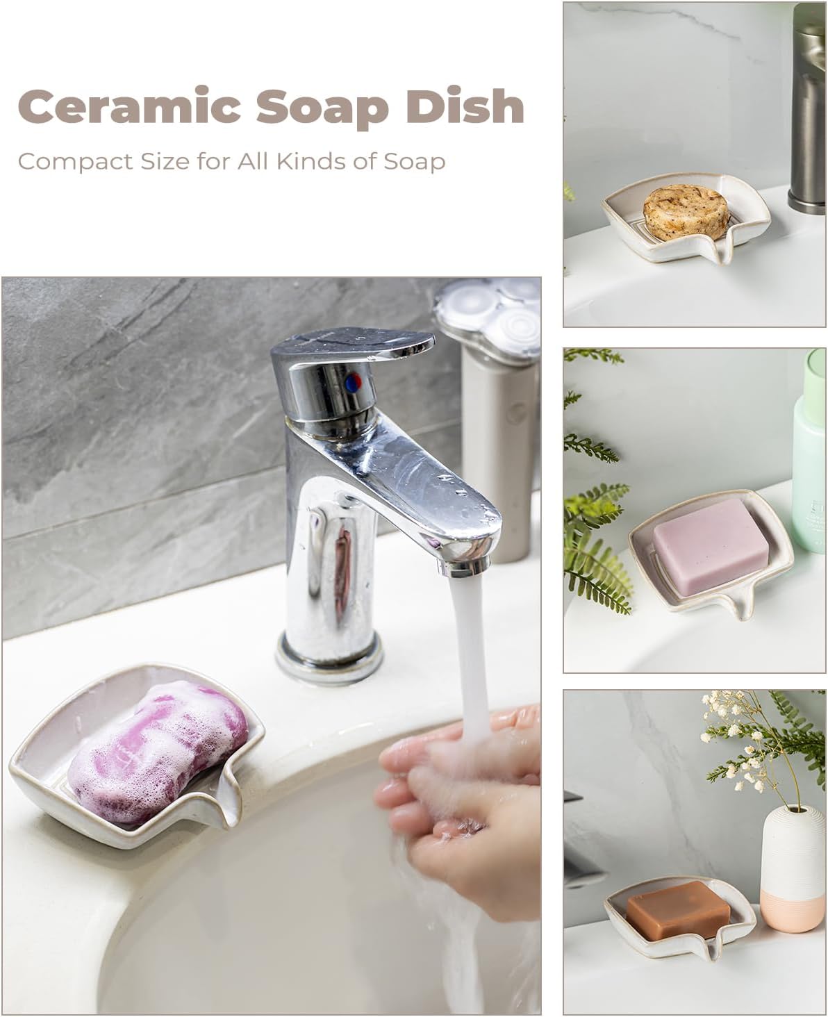 Waterfall Design Bar Soap Holder Self Draining Soap Saver for Shower / Beige White / Rectangular