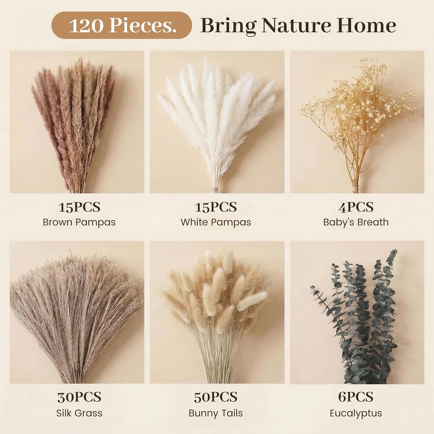 Dried Pampas Grass Set for Vase / Natural / 17 Inch / Set of 120