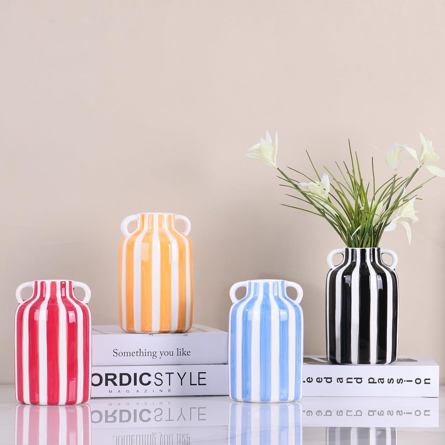 Ceramic Striped Checkered Vase / Black White