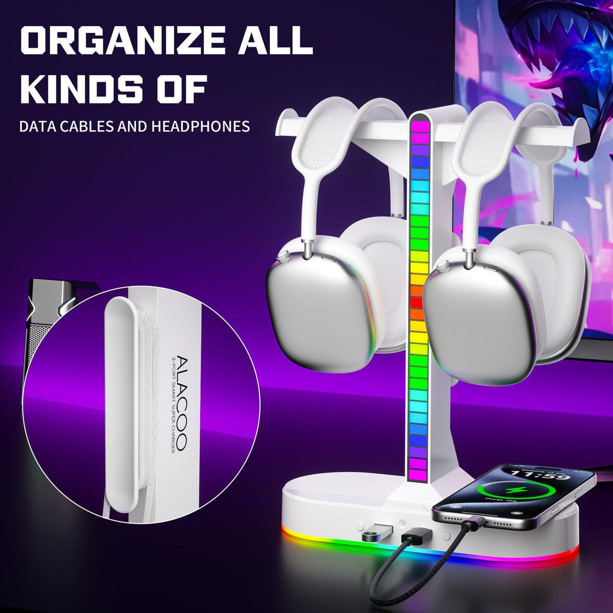 Cool RGB Headphone Stand with Charging Station - Sleek Dual Headset Holder, 3 USB Ports & 3.5mm Audio, 8 Light Modes