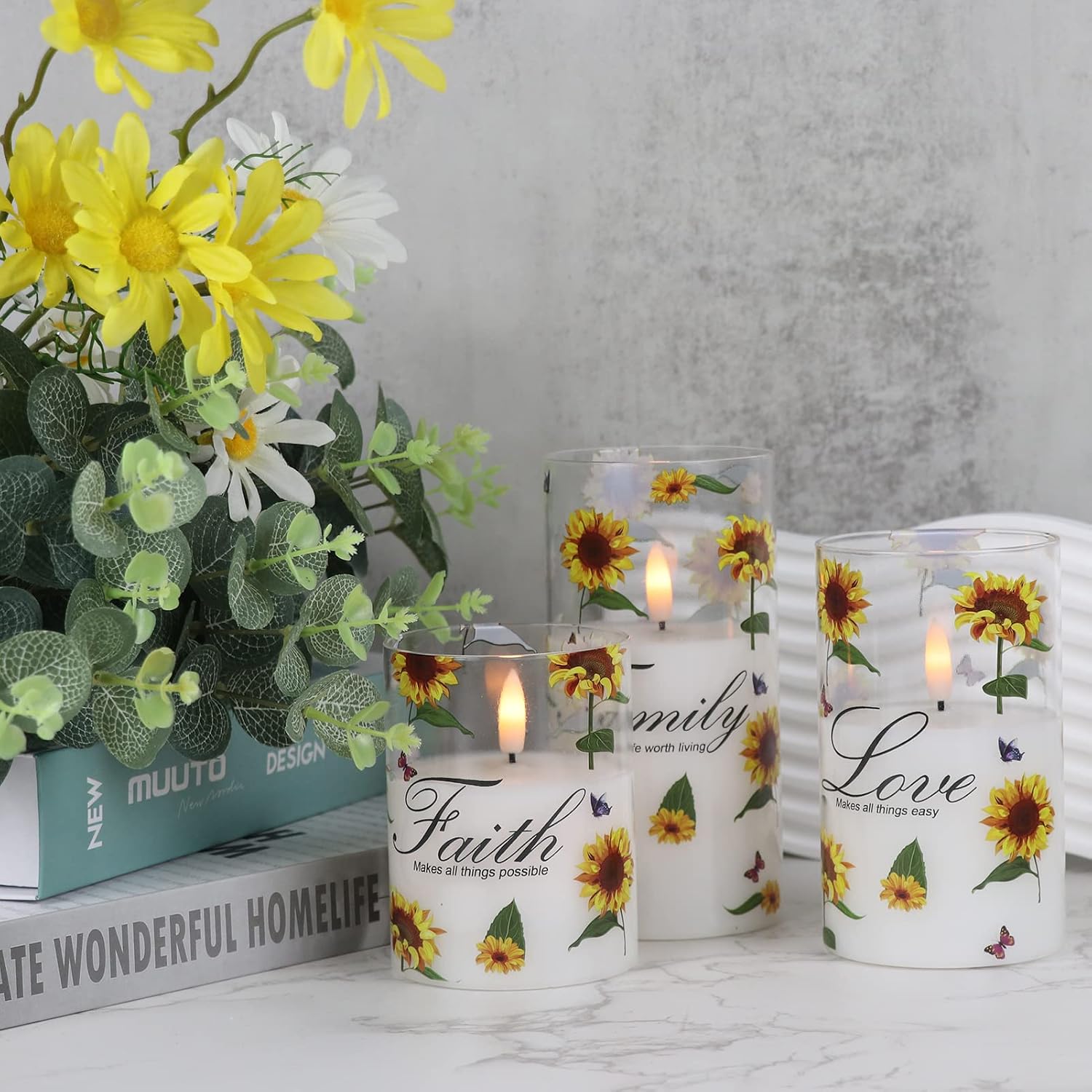 Sunflower Glass Flameless Candles Battery Operated Remote Timer | LED Flickering Pillar Candles, Real Wax 3D Wick Long