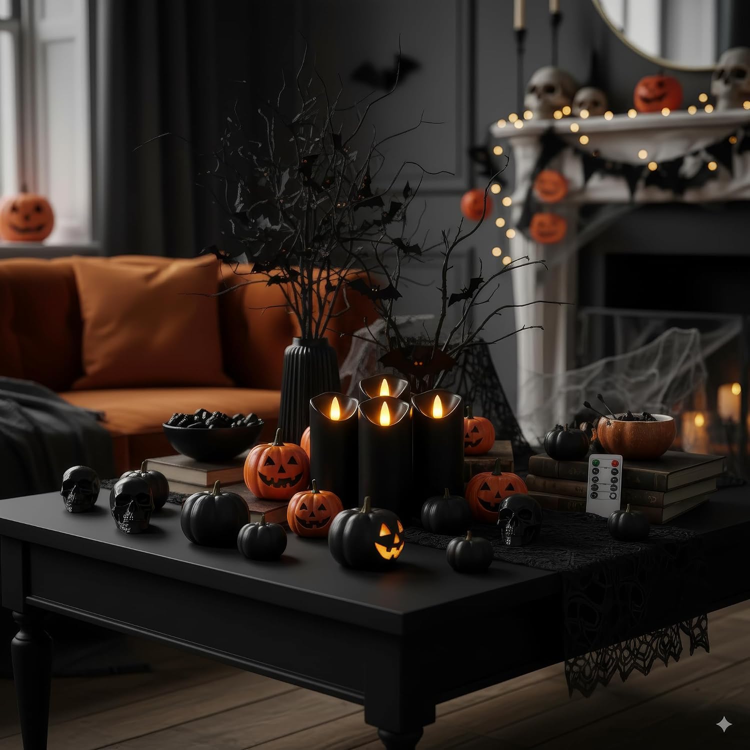 Homemory Black Flameless Candles, Halloween Candles, Battery Operated Candles, LED Pillar Candles with Remote Control