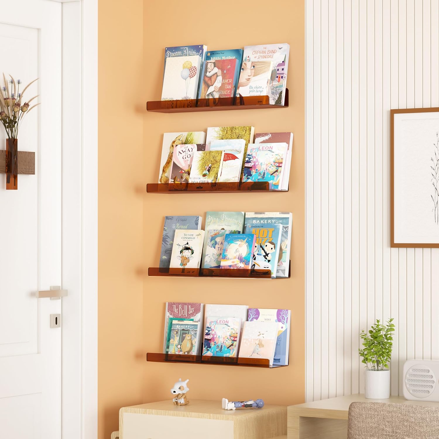 upsimples 4 Pcs 15" Acrylic Shelves for Wall Decor and Display, Brown | Cute Floating Shelf for Perfume, Skincare, Nail