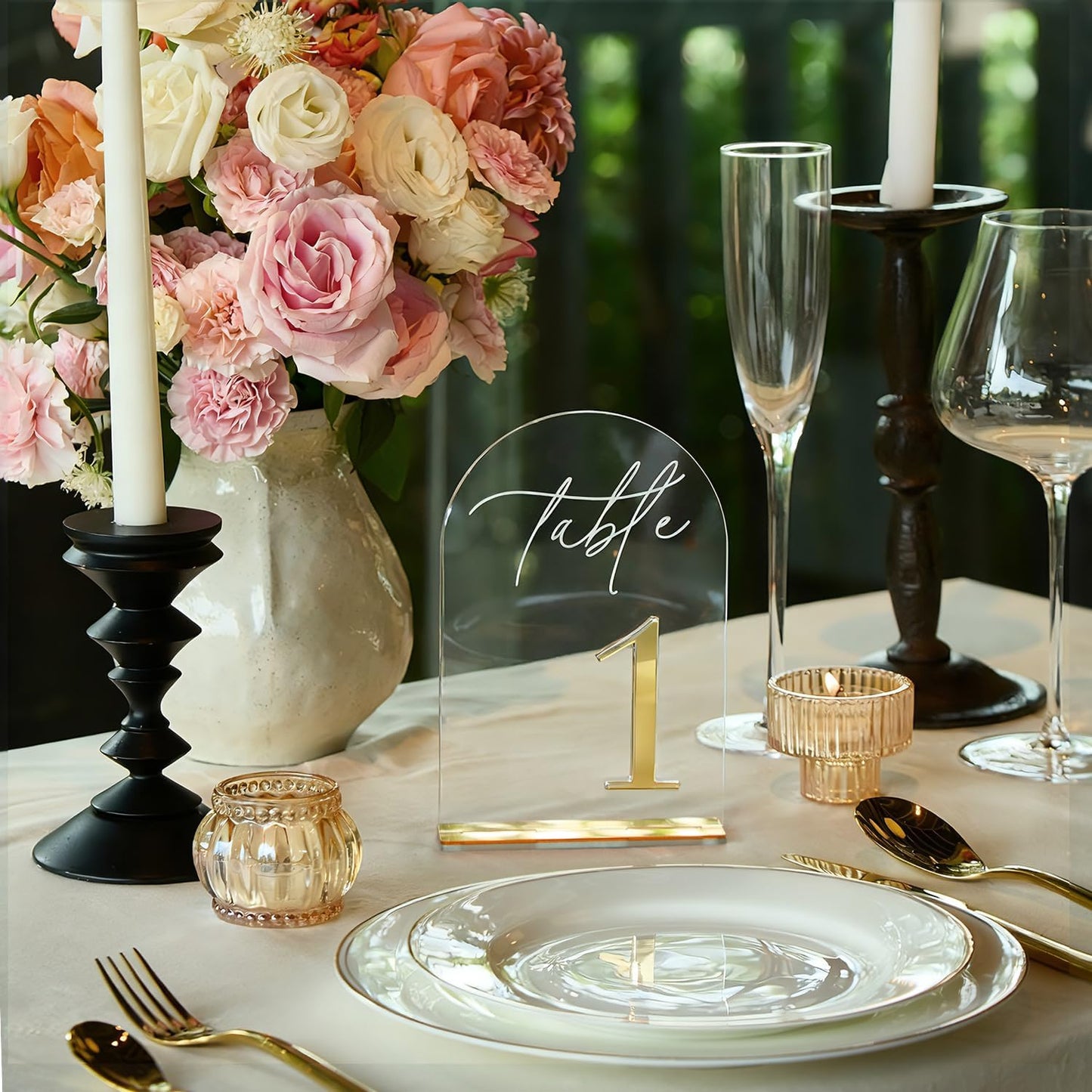 Crystal Clear Acrylic Wedding Table Numbers 1-10 Set, Self-Standing Modern Arched Signs for Reception Seating
