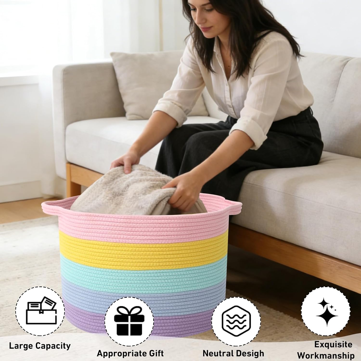 Woven Rope Laundry Basket Hamper / Colorful / 19.7"L x 19.7"W x 13"H