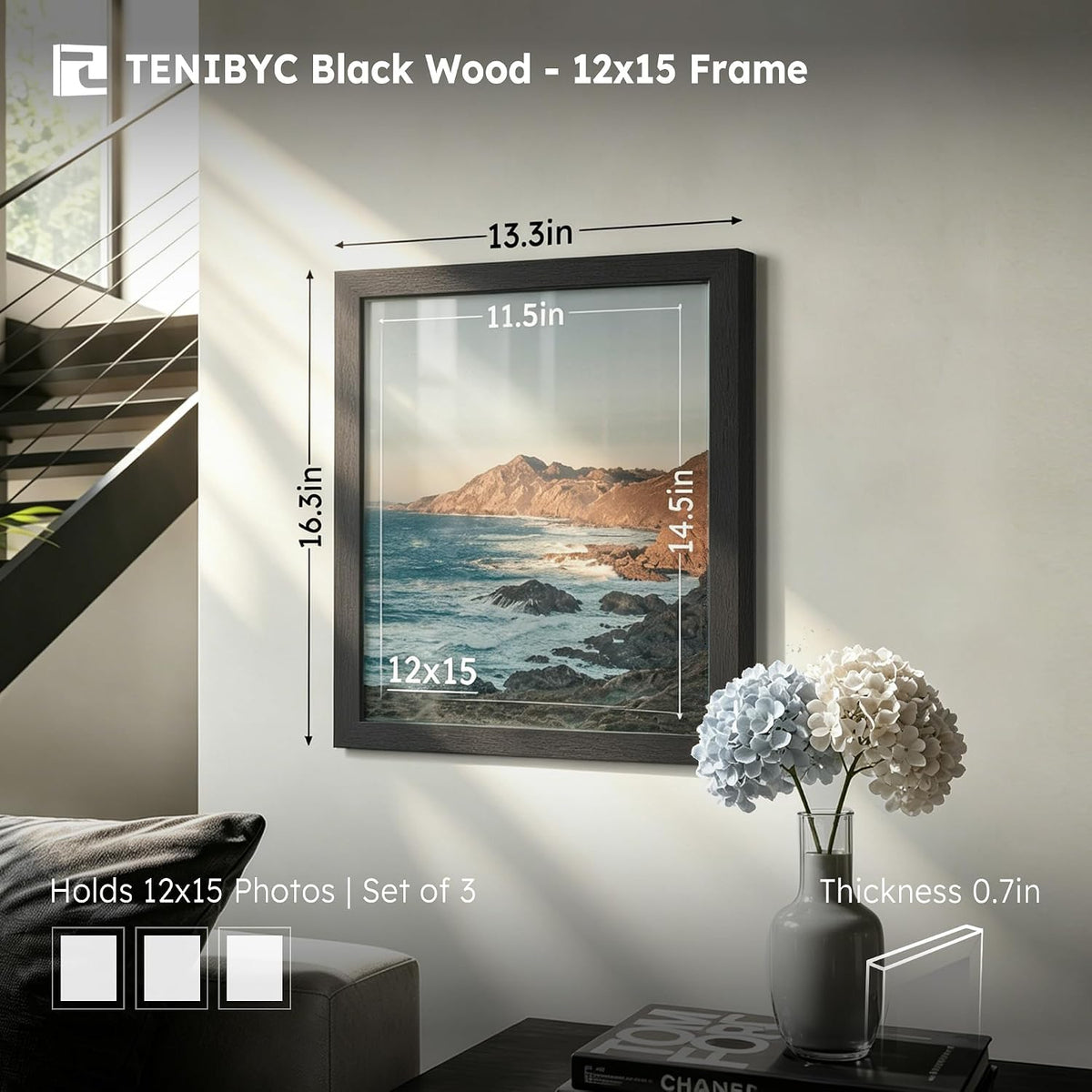 15x12 picture frame 3 Pack, Black Wood, Real Glass, Wall Hanging | Thick HD Tempered Glass, Large Poster Frame for Wall