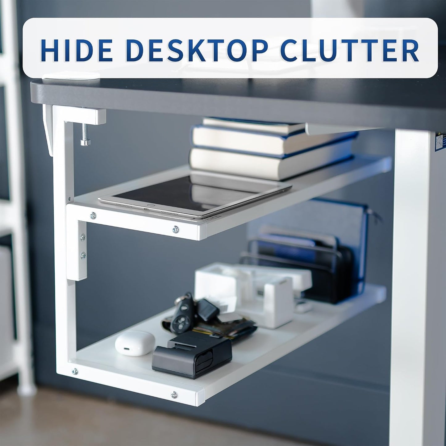 VIVO White Clamp-on 24 inch 2-Tier Desk Shelf, STAND-SHELF24C-W | Above or Below Desk, 2 Level Shelving Unit for Table