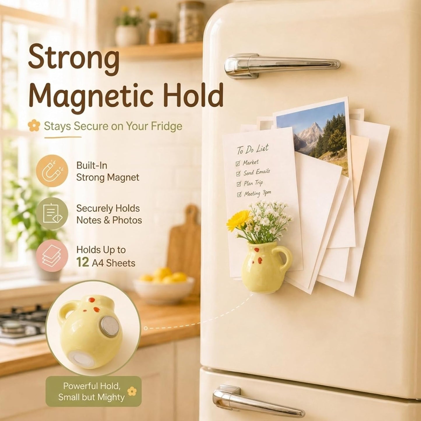 Artificial Flowers / Mini Vase Magnets for Fridge / Multy Color / White / Set of 8