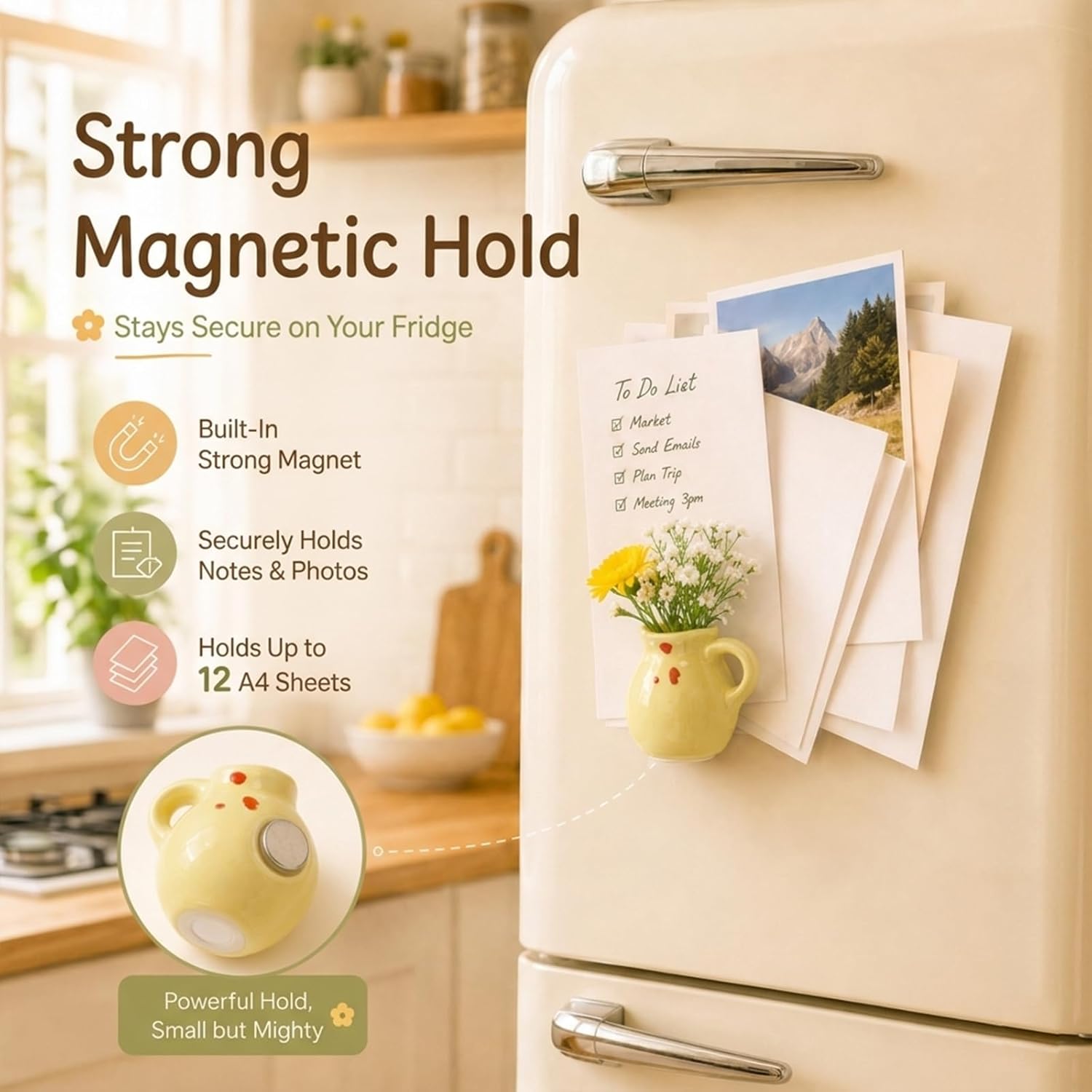 Artificial Flowers / Mini Vase Magnets for Fridge / Multy Color / White / Set of 8