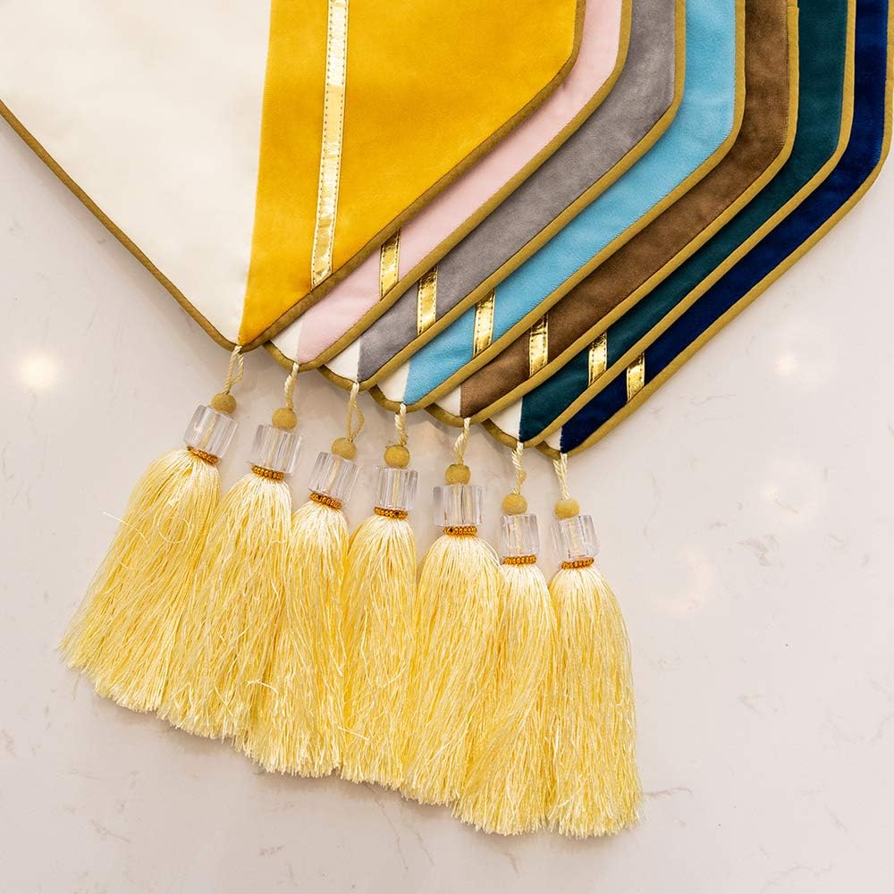 Avigers Table Runner 12 x 78 Inch, Yellow，White, Geometric, Tassels | Faux Silk double-layer accent for dining rooms