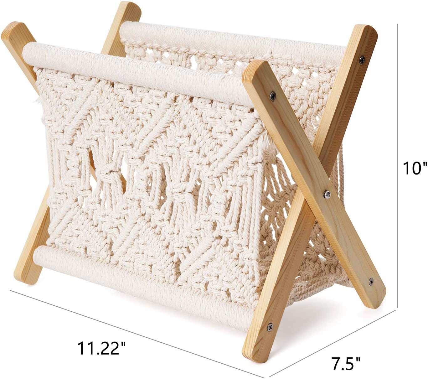 Mkono Macrame Magazine Holder, Boho Woven Book Rack Basket, 11.2"L x 7.5"W | Boho Decor, Mail Paper Vinyl Storage