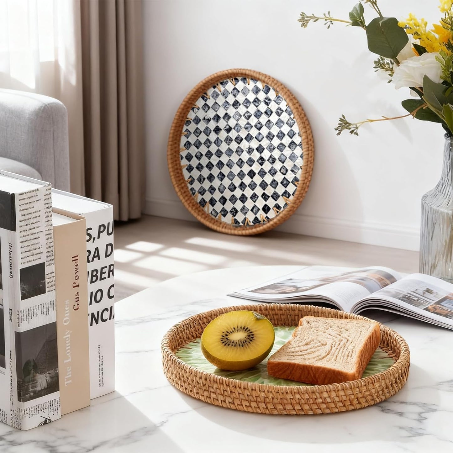 Woven Tray / Round Rattan Tray / 13.8 / Checkerboard