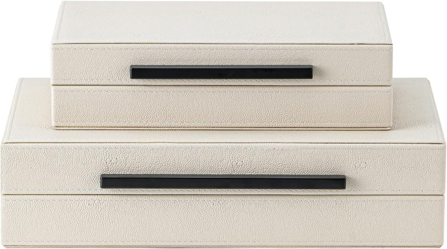 Faux Leather Jewelry & Memory Boxes / Beige+black Handles / 14.2 In / Set of 2