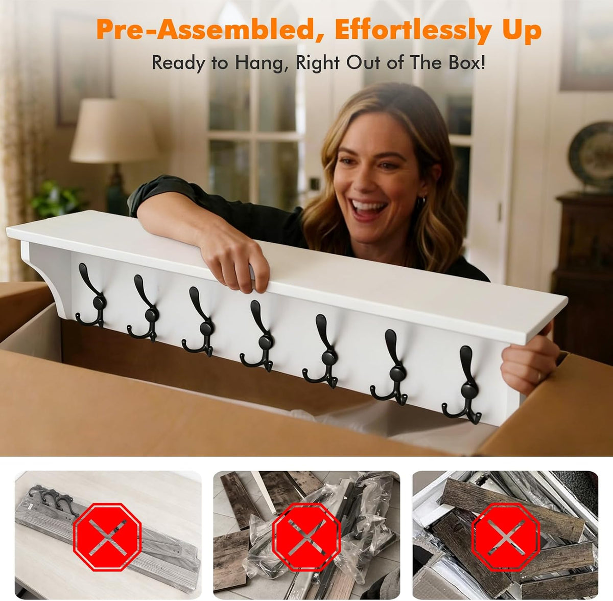 33" Coat Rack with Shelf Wall Mount, Pre-Assembled Solid Wood Coat Hooks with Shelf, Wall Coat Hanger with 7 Metal