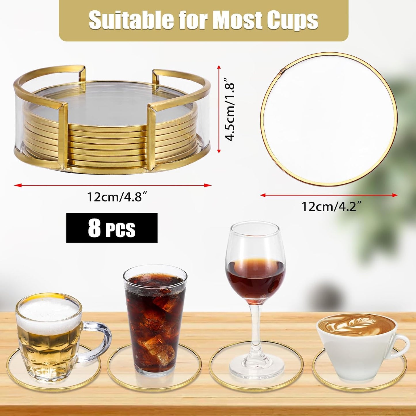 Holder / Glass Coaster Drink Coasters / Gold / Set of 8
