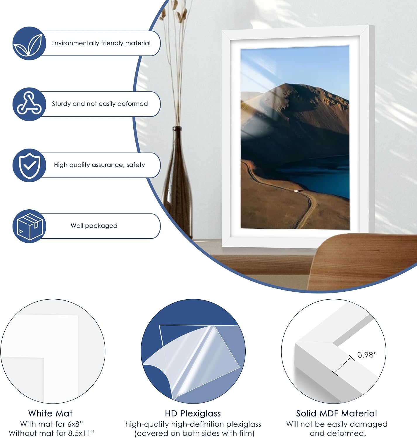 12x18 Picture Frame Set of 6, Wall Mount Display, White | Display Pictures 11x17 with Mat or 12x18 Without Mat