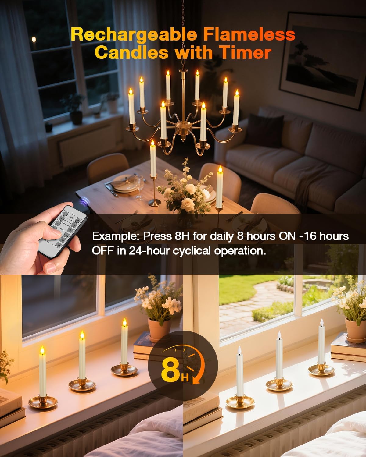 Yme Rechargeable Flameless Taper Candles Battery Operated with Remote Timer | USB-C Charging Base, 6.7" Flickering