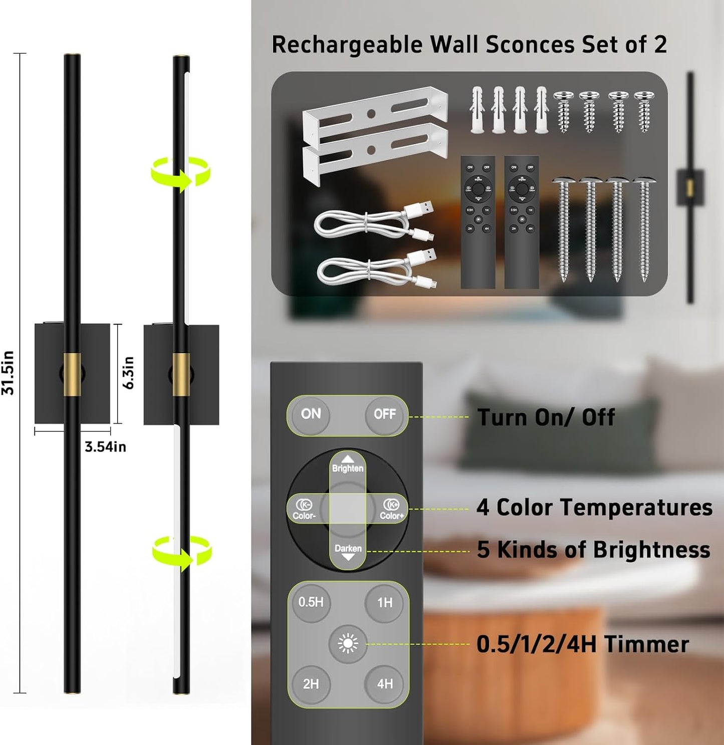 Battery Operated Wall Sconces Set of 2, 10000mAh, Black | Detachable rechargeable battery, 31.5" wireless lighting for