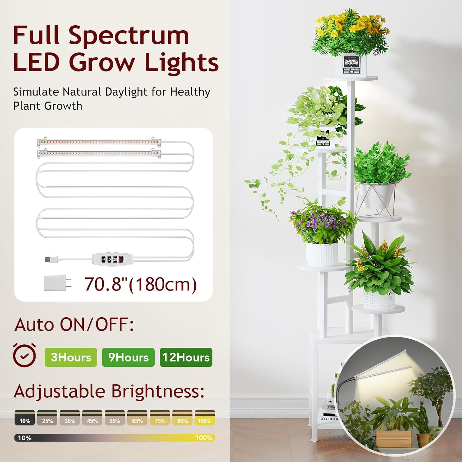 Plant Stand Indoor with Grow Light, 6-Tiered Tall Plant Stand Indoor, Metal Plant Shelf with Hanging Basket Hook and