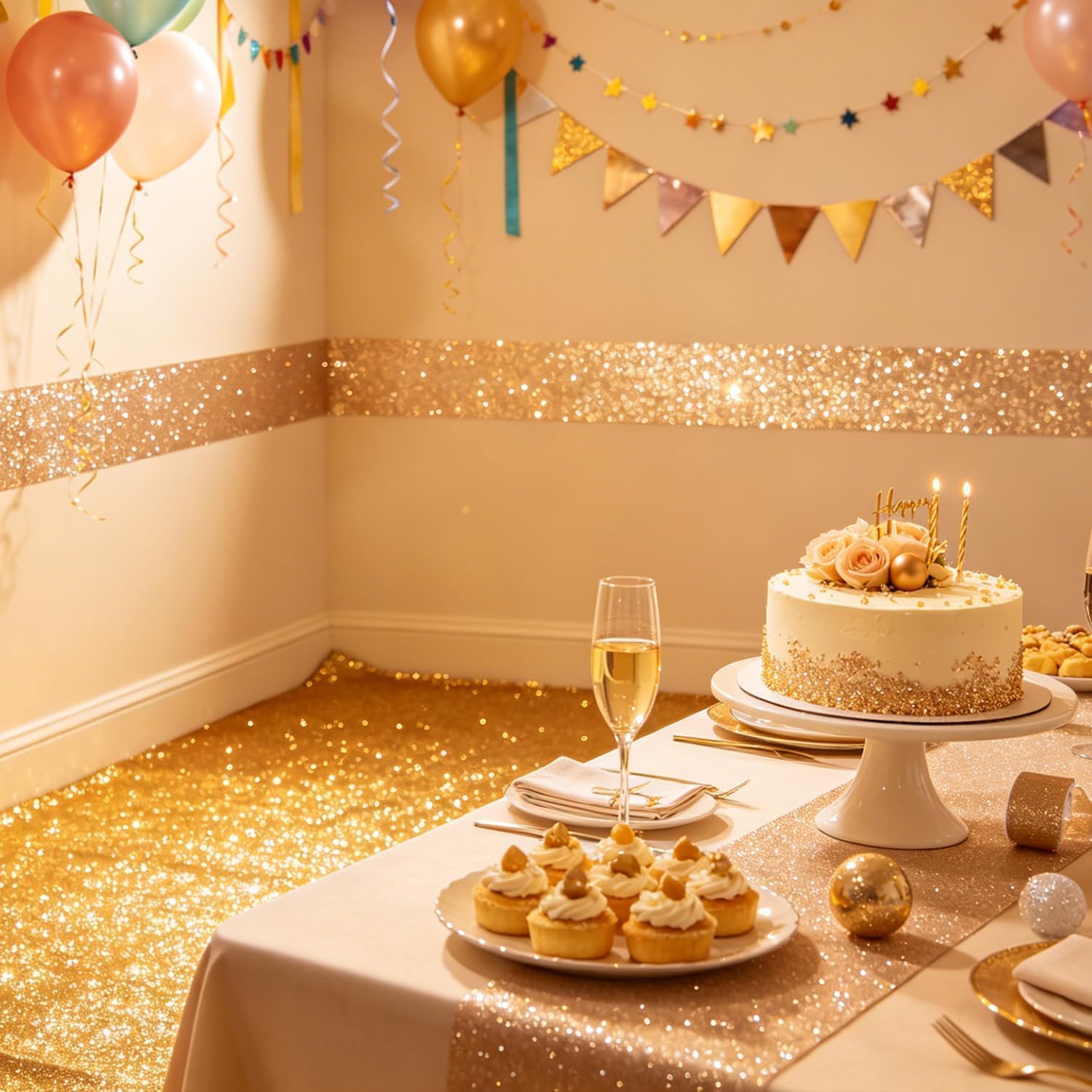 Glitter Wall Border Peel and Stick Removable Wall Trim / 3.94 x 236 / Champagne / Gold