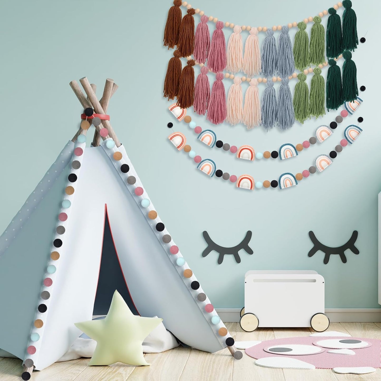 Boho Tassel Garland Wood Bead Tassel Garland Colorful Felt Rainbow Pom Pom / Sage Green / Set of 4