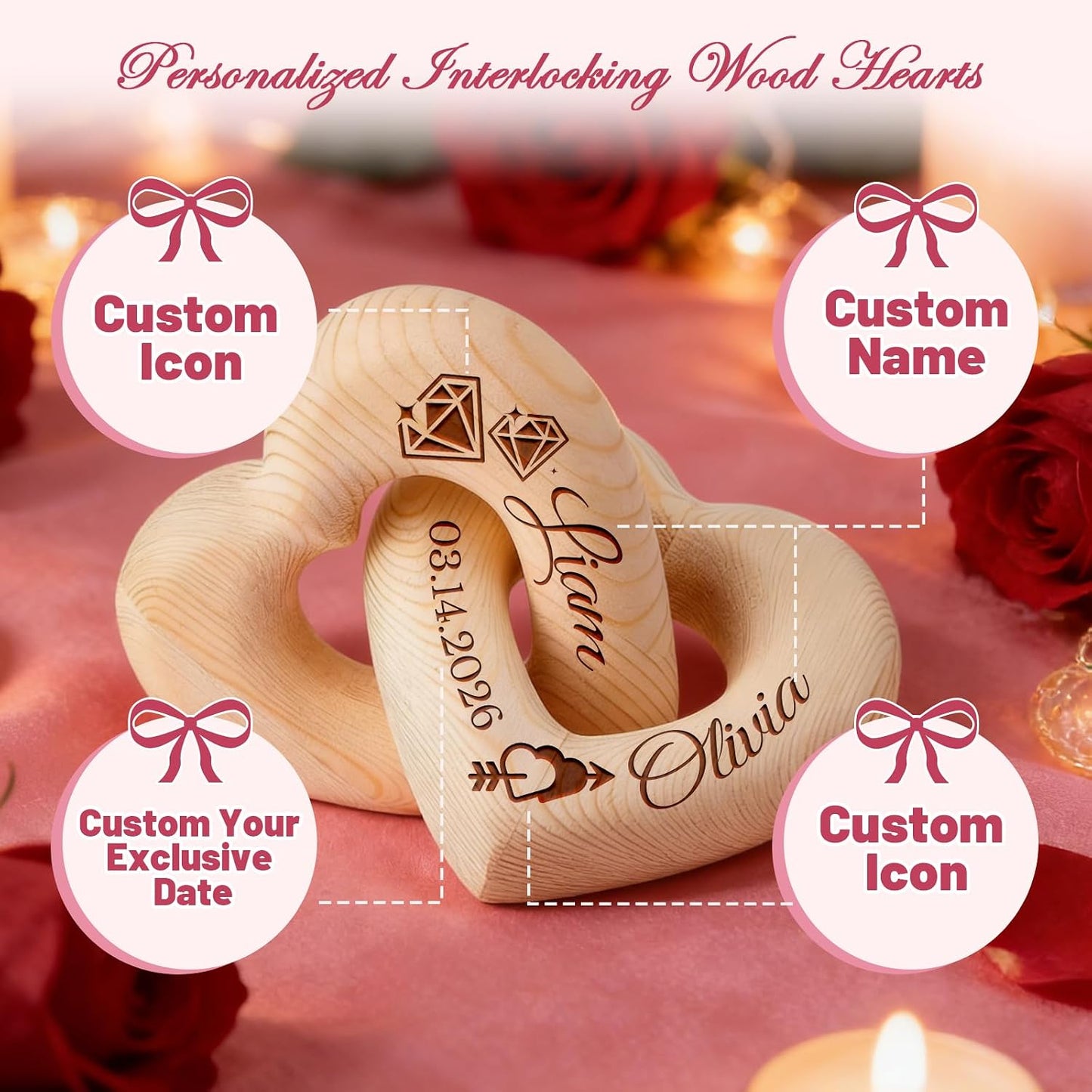 Romantic Wooden Knot / Personalized Interlocking Wooden Hearts