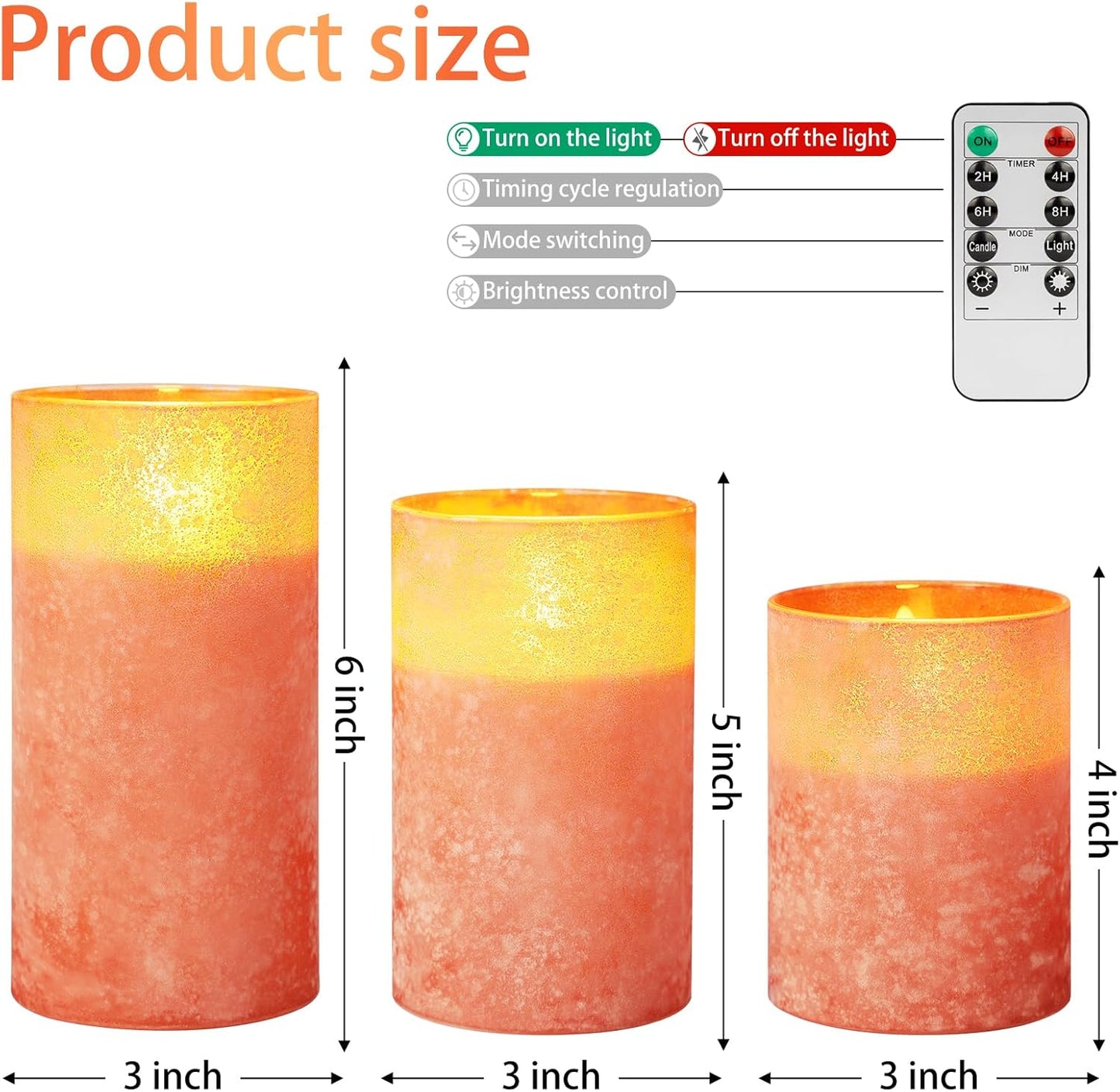 Flameless Candles with Remote Orange Glass LED Pillar Candles Set of 3 | Realistic Wax Flame Effect, 2/4/6/8H Timer