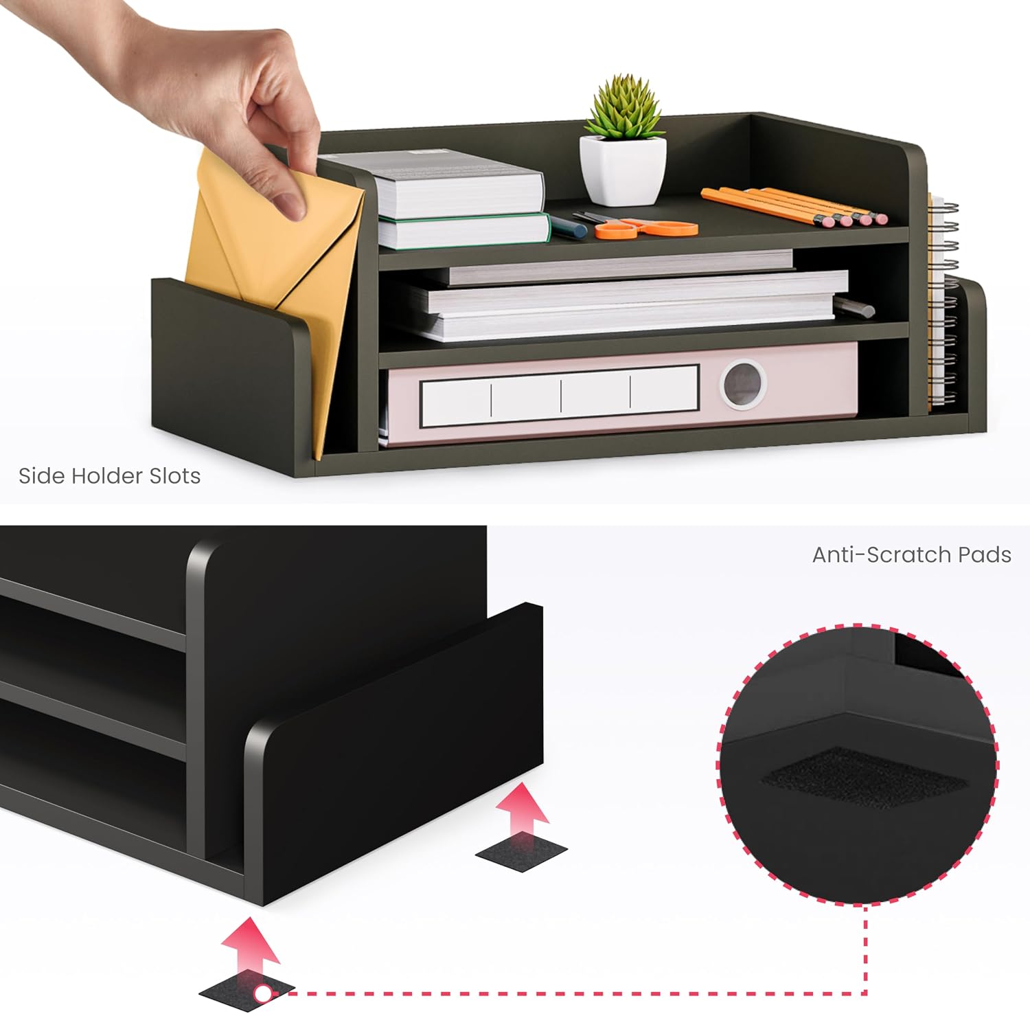 Ballucci 3-Tier Desk Organizer with 2 Side Mail Sorter Slots, Wood Letter Tray, Open Top Paper Organizer, Desktop File