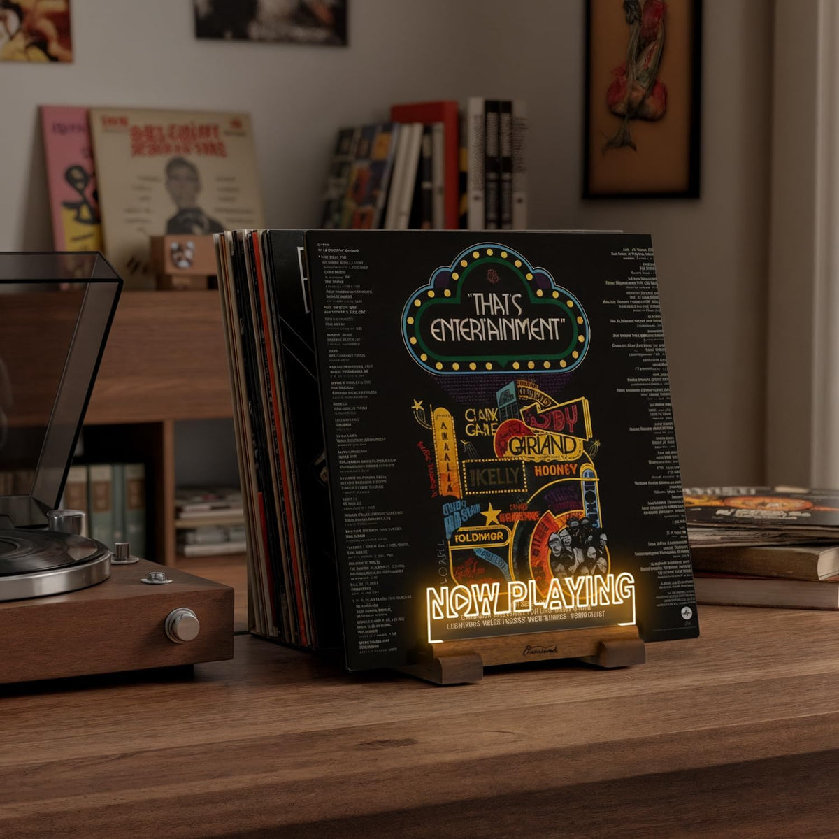 Onmiwod Vinyl Record Holder for 35 LPs, Light Up Now Playing Vinyl Record Stand, Wooden Album Storage Organizer, Album