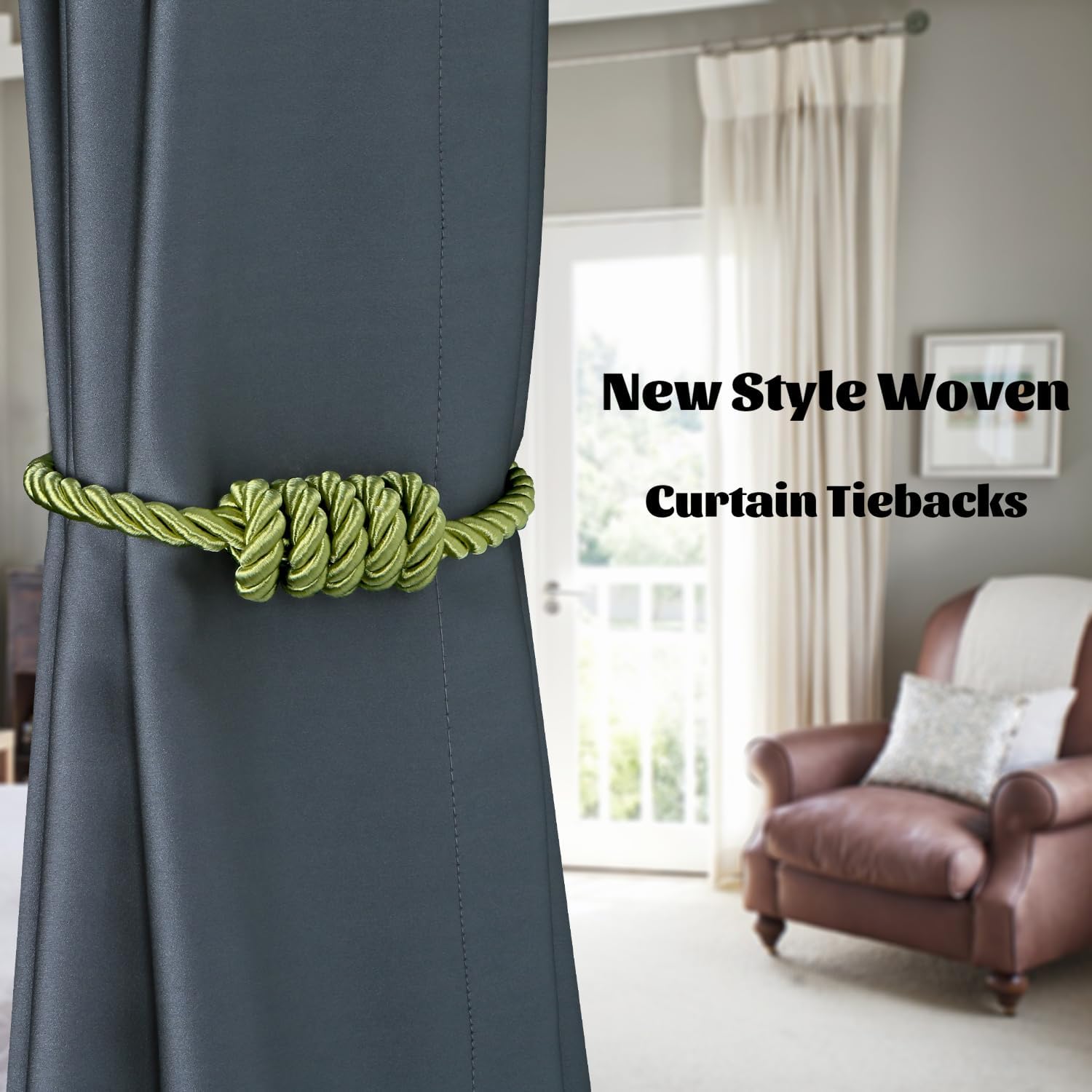BEL AVENIR Magnetic Curtain Tiebacks 6 Pack Hand-Woven Curtain Ties | Green Decorative Curtain Holdbacks Bohemian Style