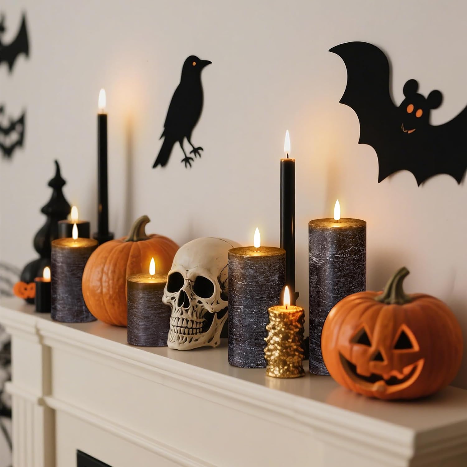 LUSHARBOR Halloween Flameless Candles, 4 Pack Battery Operated Halloween Candles with Remote, Wax LED Fake Pillar
