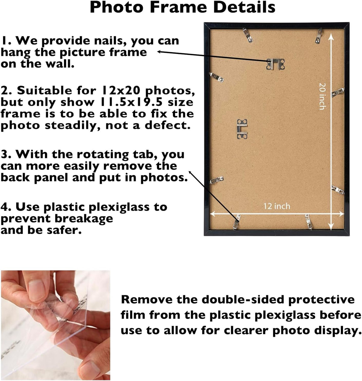 JCJMY 12x20 Picture Frame Set of 4 Black for Poster Photo Picture, Horizontal and Vertical Formats for Wall Hanging, 12